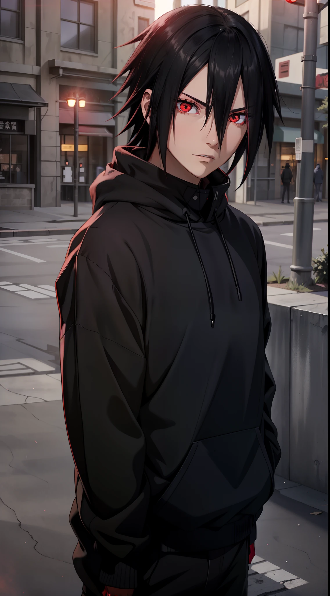 Masterpiece, 1man, Superb Style, Urban Streetwear Hoodie, Outdoor, Upper Body, Uchiha Sasuke, bright red eyes, black hair, cool, dinamic lighting, vivid colours, ultra detailed