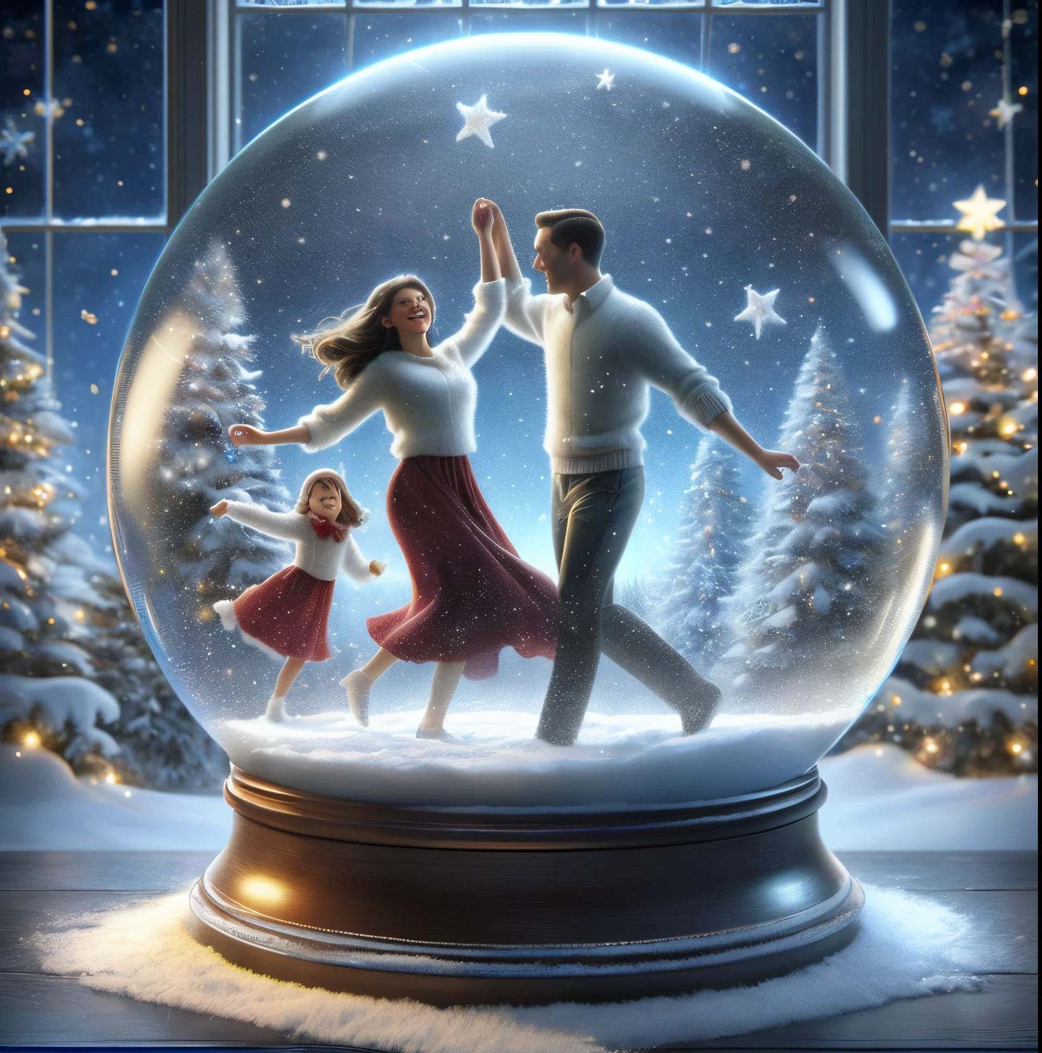 there is a snow globe with a family dancing in it, snowglobe, snow globe, inside a snow globe, by Alexander Kucharsky, promo art, by Patrick Brown, illustration!, a hyper realistic, incredibly realistic, promotional art, holiday season, kinkade. award winning, artists, 8 k realistic digital art, photoreal”