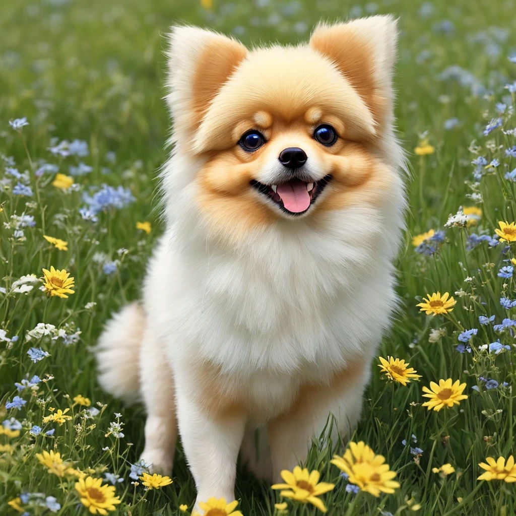 Simple and cute dog(Pomeranian)vibrant meadow design　Blue eyes