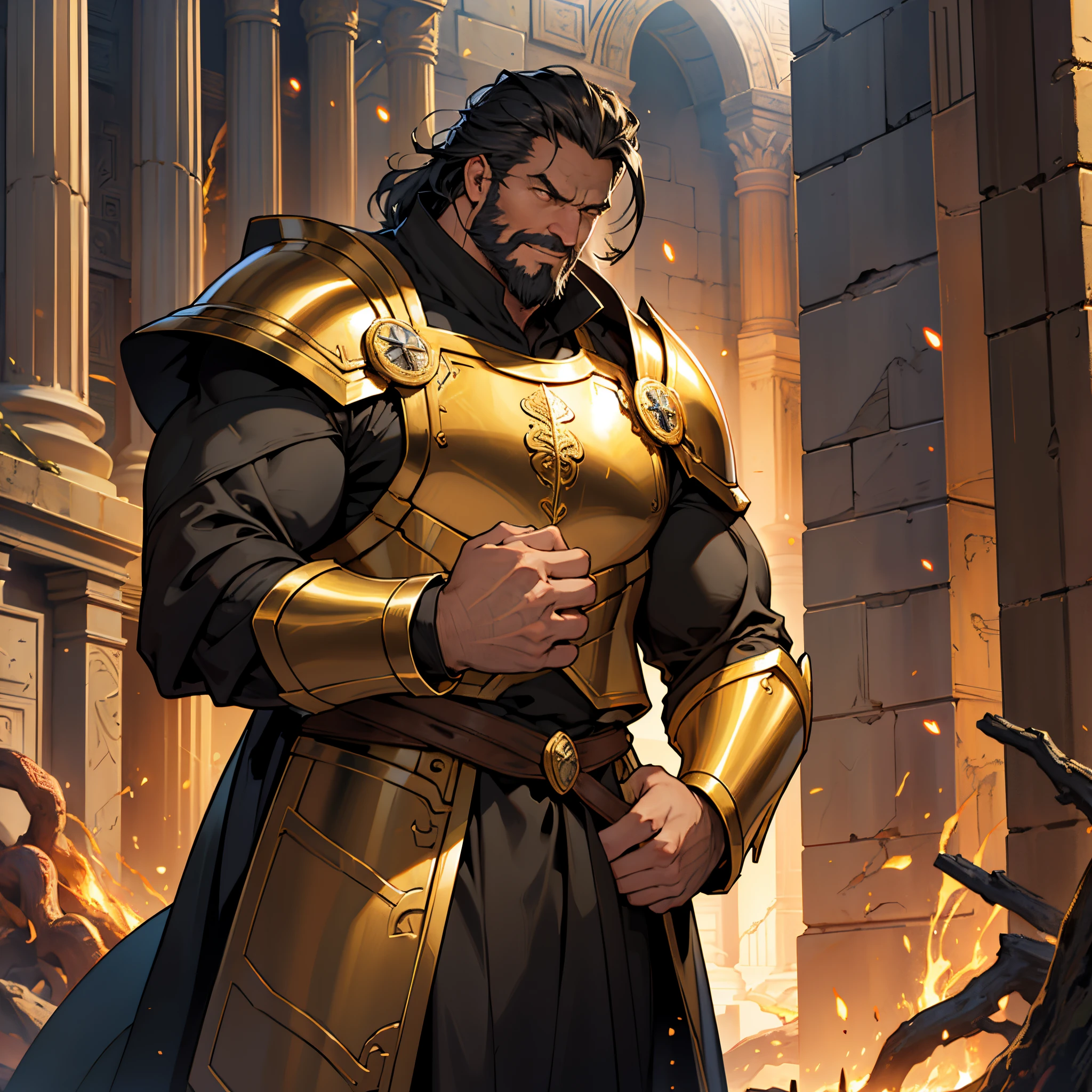 masterpiece, Best Quality, 4k, Background with:Pantheon with flowing lava, big old man......., humorous expression, knight of seville,yellow grade armor, long black coat, Sparks fly