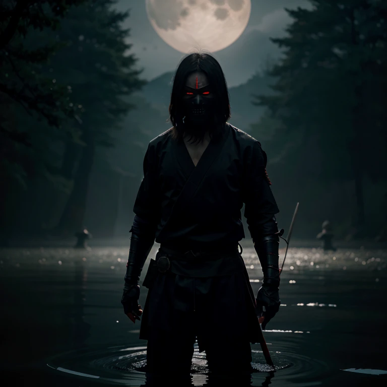 A lone samurai walks through the shallow waters of a dimly lit lake, holding katanas in hand. The atmosphere is ominous, with the only source of illumination being the haunting reflection of a blue moon casting an eerie glow upon the samurai&#39;The silhouette and the murky waters below. He is facing us, wearing demonic armor, His mask is scary and his eyes emit a ray of red light like a Shinigami