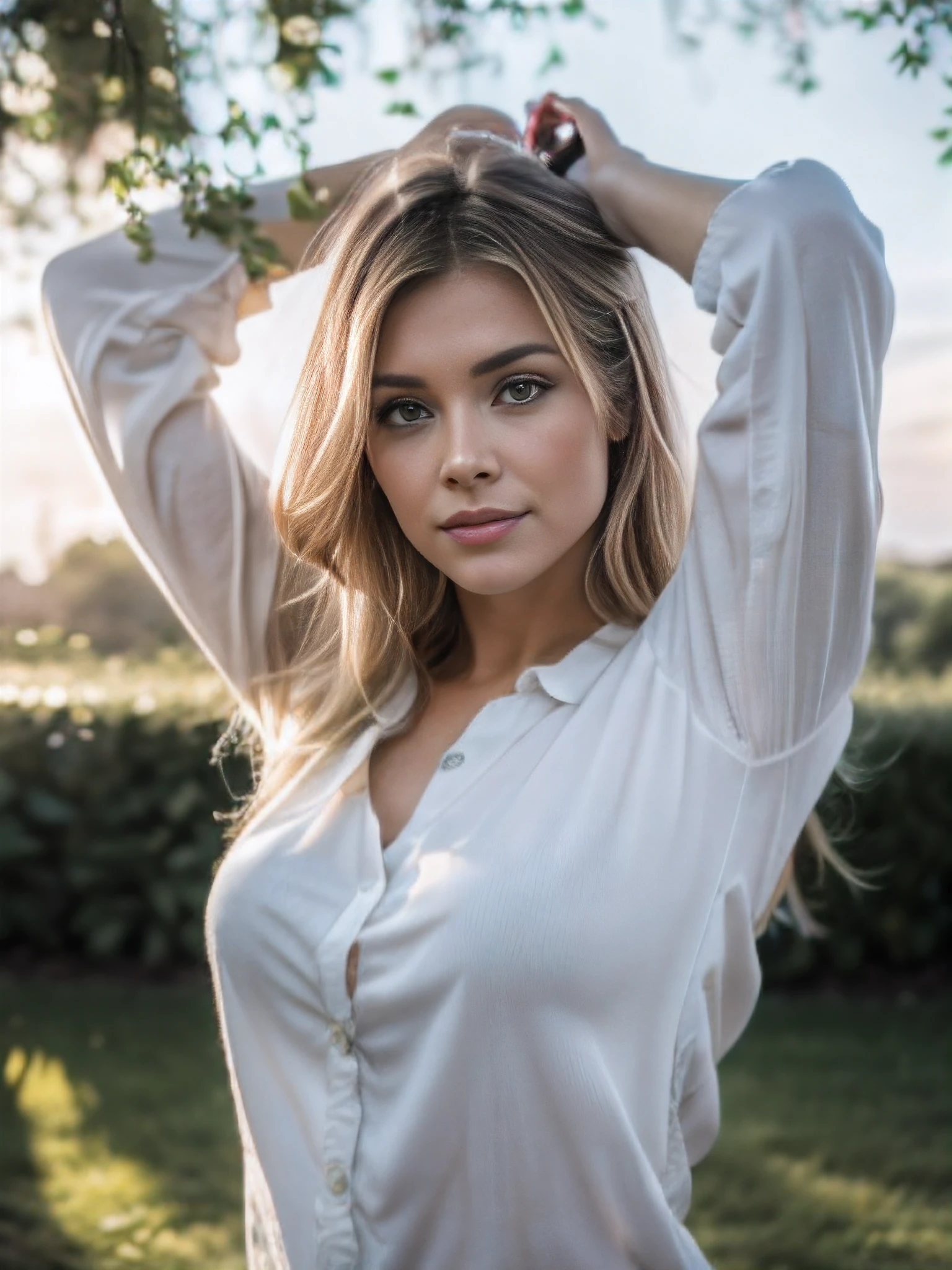 A blonde girl does a yoga pose in a park at sunset,Pastellfarben,Sanftes Sonnenlicht,beautiful detailed eyes,Beautiful, detaillierte Lippen,lange Wimpern,graceful,Body in perfect alignment,Friedlicher Ausdruck,flowing outfit,quiet atmosphere,Vibrant greenery,Glückseliger Moment,Ruhige Lage (best quality,4K,8K,hight resolution,Meisterwerk:1.2),Ultra-detailliert,realistisch:1.37,HDR,Weichzeichner,ethereal,Ruhiges Ambiente,Sanfte Brise