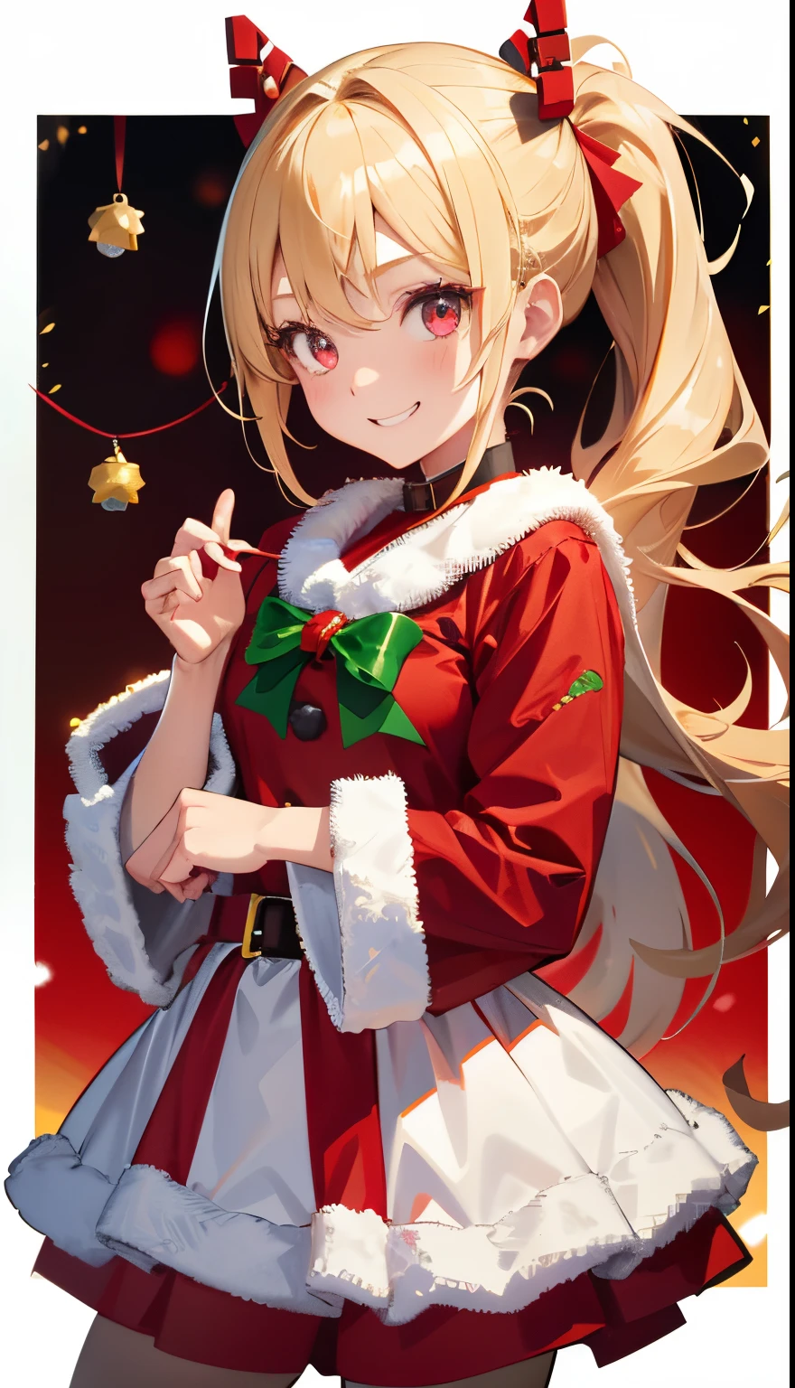 1girl in、a blond、Pony tail、Red Eyes、small tits、A smile、Laugh、Christmas、Dressed in Santa Claus costume、Colors based on red and green