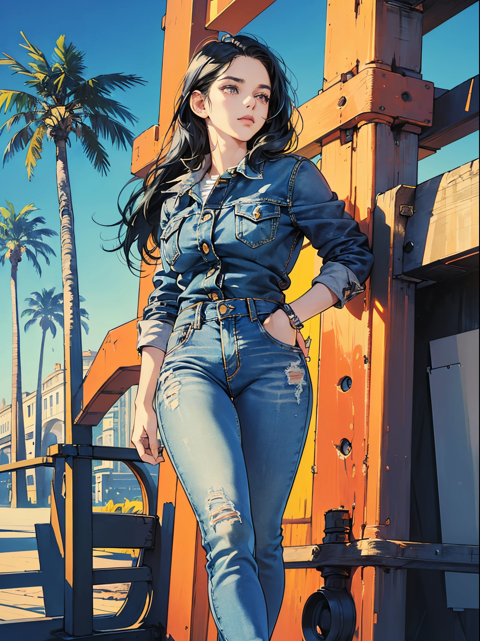 Orange and Indigo Keynote Speech、Vibrant colors、((masterpiece)))、(((top-quality)))、((ultra-detailliert))、(A hyper-realistic)、(highly detailed CGillustration)、Official art、CD cover、urbane、City Pop、Palm trees、seaside、Long Black Hair、It will be、Cool feeling、Mid summer、Stylish、glorious 1980s、Cool Beauty、cochetti gorgeous、matchless beauty、jaket、jeans、Female Solo、Perfect Angle、perfect-composition、Face Close-up