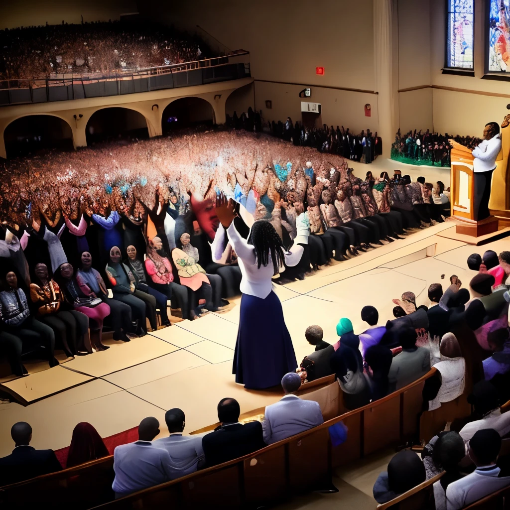 A crowd of the community dressed as dying people, with broken rainbow signs on the ground she is kneeling in front of a man in a white robe with a bible in his hand with long hair in the middle of a city