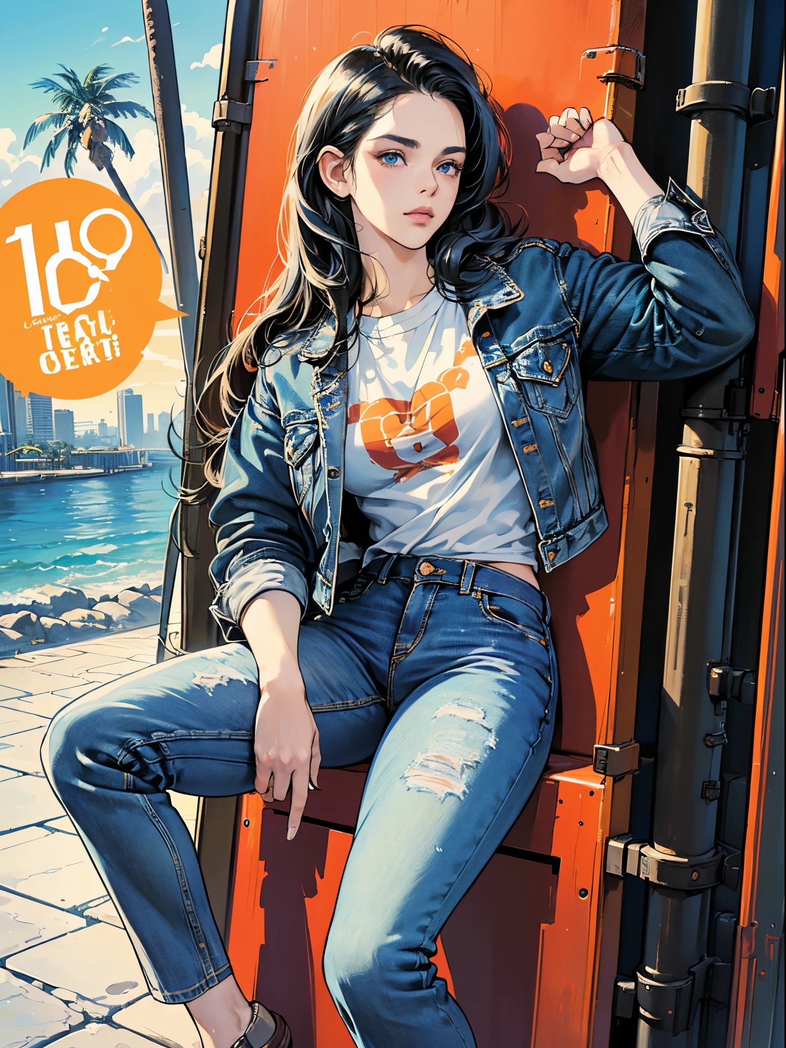 Orange and Indigo Keynote Speech、Vibrant colors、((masterpiece)))、(((top-quality)))、((ultra-detailliert))、(A hyper-realistic)、(highly detailed CGillustration)、Official art、CD cover、urbane、City Pop、Palm trees、seaside、Long Black Hair、It will be、Cool feeling、Mid summer、Stylish、glorious 1980s、Cool Beauty、cochetti gorgeous、matchless beauty、jaket、jeans、Female Solo、Perfect Angle、perfect-composition、Face Close-up