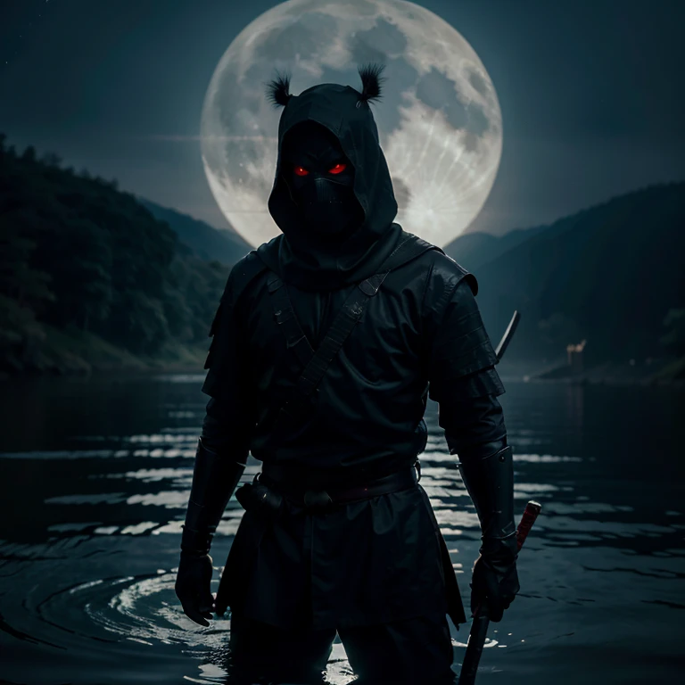 A lone samurai walks through the shallow waters of a dimly lit lake, holding katanas in hand. The atmosphere is ominous, with the only source of illumination being the haunting reflection of a blue moon casting an eerie glow upon the samurai&#39;The silhouette and the murky waters below. He is facing us, wearing demonic armor, His mask is scary and his eyes emit a beam of red light like a Shinigami., he is 2 meters away, but it is easily noticed, pelos raios azul da luz da lua azul