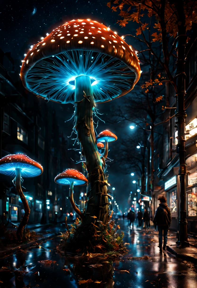 by Naoki Urasawa, (Bioluminescent Mushroom:1.4) shape Street lights, load, passersby after work, night, ultra-wide-angle, octane render, enhance, intricate, (best quality, masterpiece, Representative work, official art, Professional, unity 8k wallpaper:1.3)