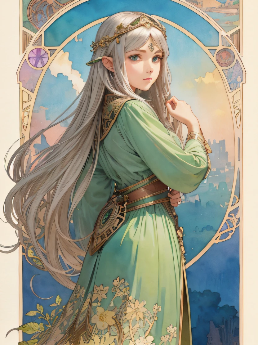 ((hight resolution、top-quality、super detailing、best picture、watercolor paiting、thick outlines、mats、by mucha))、flowing lines、elvish、1 girl, 28 year old、skiny、cin、stright long hair、Beautiful silver hair、blue eyess、half up、Hair swaying in the wind、luxury circlet、de pele branca、Hanshin seen from the front、is standing、green stunning queen dress、s Armor、鎖骨、Geometric pattern、(florals)、Hand down、Soft Air、Serious face、Detailed hand depiction