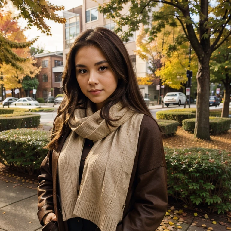 26 year old woman with medium brown hair oriental eyes dressed in autumn clothes in seattle