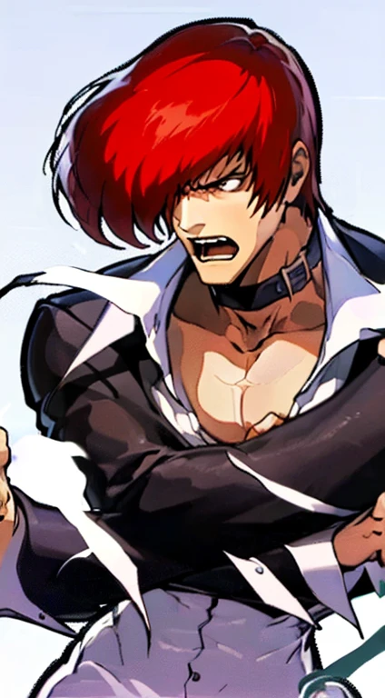 1hombre,((solamente)),(((nona kof 2002 conceptual art Art style:1.1)))Fan Art de Pixiv, obra maestra, HDR, alta calidad,, Iori Yagami -el rey de los luchadores,Iori Yagami,:pale-skin, cabello color rojo, chaleco azul marino, White nightgown, pantalones rojos,correa en las pantorrillas, zapatos color negro,(((rude facial expression:1.2))),(((cuerpo completo:1.3))),(((with a background white:1.5)))