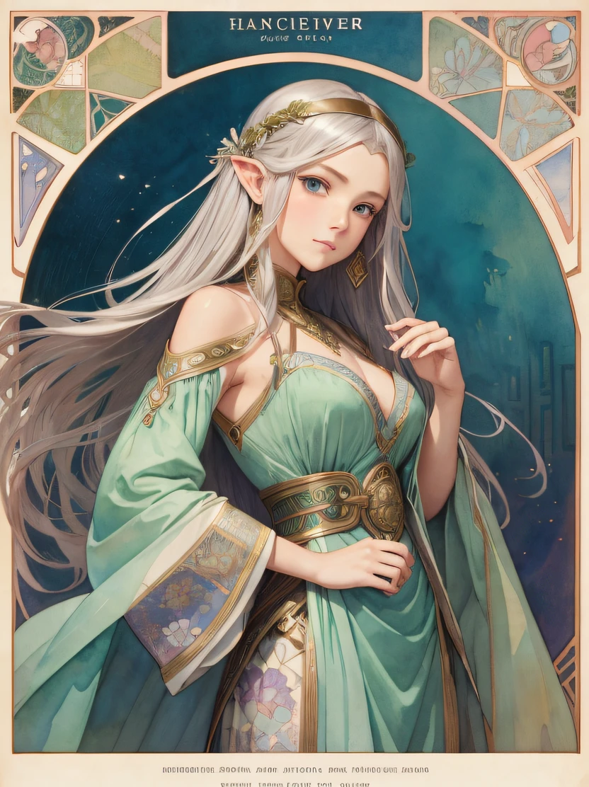((hight resolution、top-quality、super detailing、best picture、watercolor paiting、thick outlines、mats、by mucha))、flowing lines、elvish、1 girl, 28 year old、skiny、cin、stright long hair、Beautiful silver hair、blue eyess、half up、Hair swaying in the wind、luxury circlet、de pele branca、Hanshin seen from the front、is standing、green stunning queen dress、s Armor、鎖骨、Geometric pattern、(florals)、Hand down、Soft Air、Serious face、Detailed hand depiction