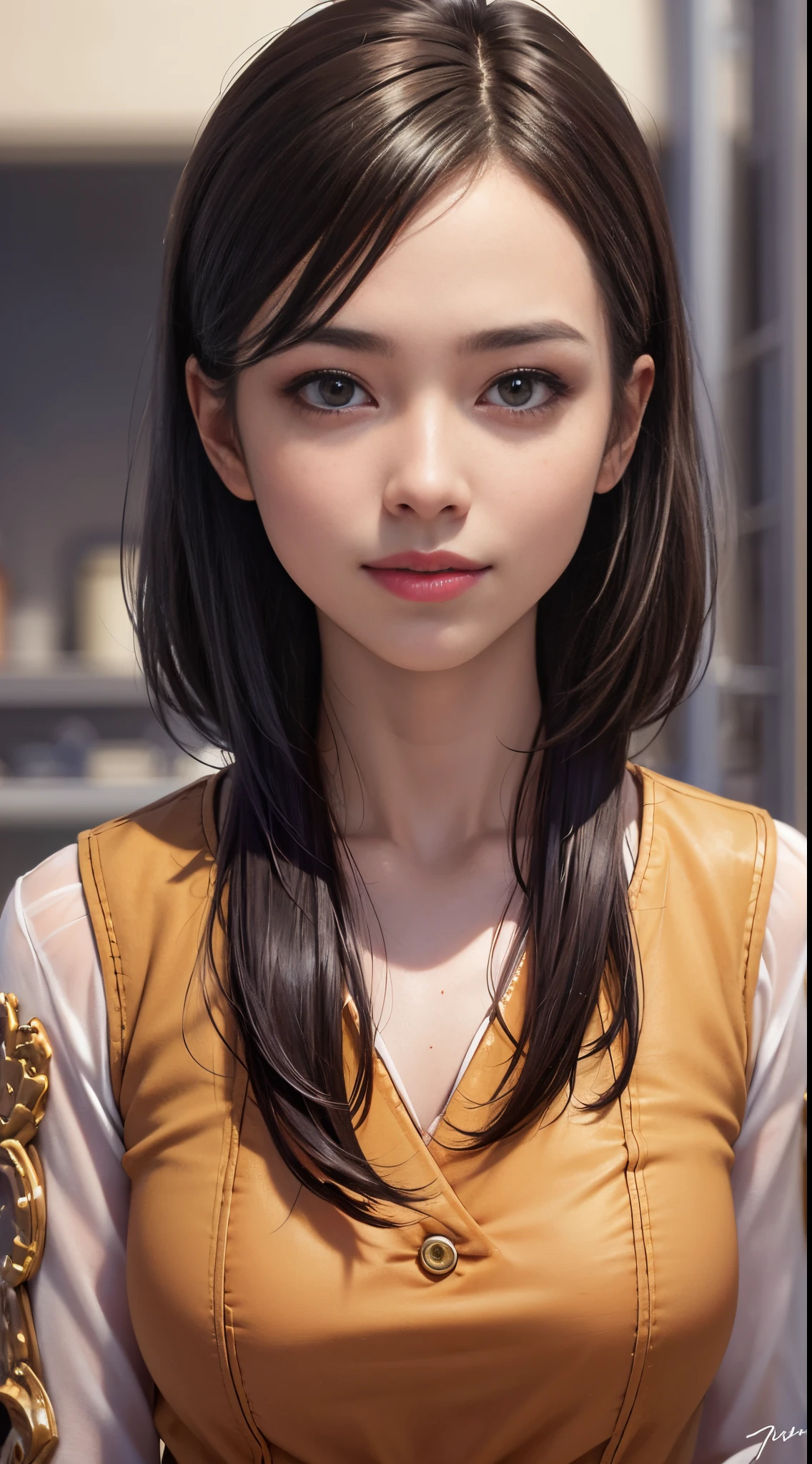 A portrait centered on the face of a Javanese girl looking straight at the camera, 18 years old, (masterpiece), Javanese skin tone, best quality, expressive eyes, perfect face, tiny nose, big mouth and full lips, (ultra realistic), (Orange Formal Suit), Smile, Long Black Hair, innocent face, natural straight hair, brown eyes, High resolution, masterpiece, Best quality, intricate high detail, highly detailed, focus sharp focus, detailed skin, realistic skin texture, texture, detailed eyes, professional, 4K, charming smile, filmed on Canon, 85 mm, shallow depth of field, Kodak Vision Color, perfect fit body, Extremely detailed, photograph_\(ultra\ ), photoreallistic, Realstic, Post-processing, Maximum details, roughness, real life, ultra realist, photorealism, photography, 4K UHD, photography