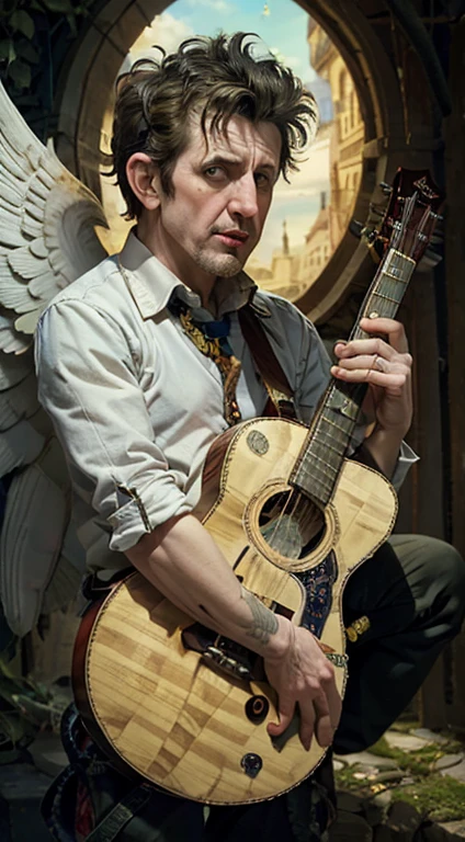 Shane McGowan of the pogues as a mischievous angel surrounded by irish music with mandelbrot fracals