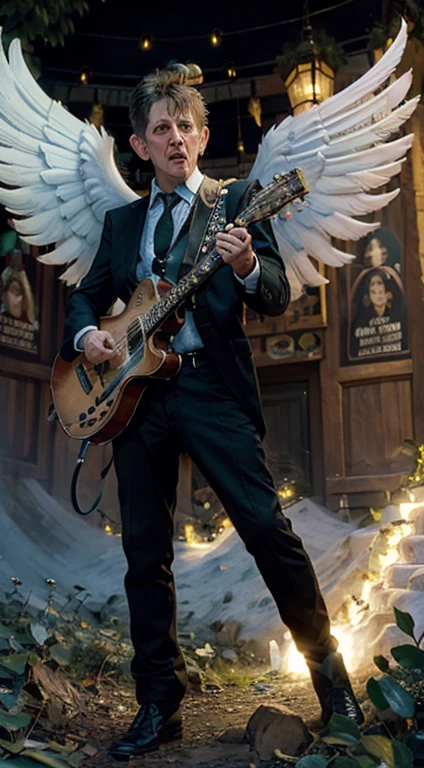Shane McGowan of the pogues as a mischievous angel surrounded by irish music with mandelbrot fracals