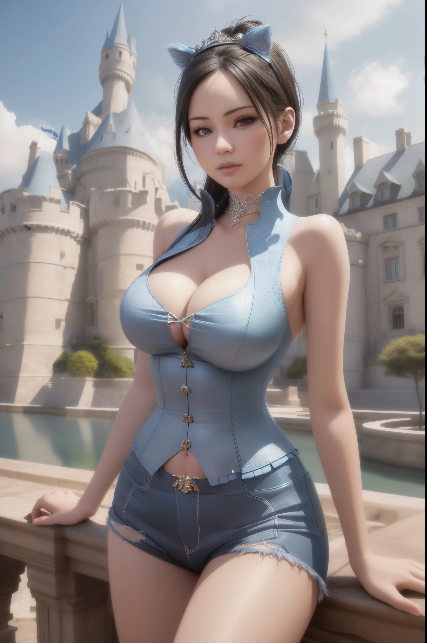 Araffic woman in blue corset poses in front of the castle, Guviz-style artwork, 2. 5 D CGI anime fantasy artwork, Realistic anime 3 D style, IG model | Art germ, ultra realistic concept art, Fantasy art style, realistic fantasy rendering, beautiful and seductive anime woman, Guviz, realistic concept art
