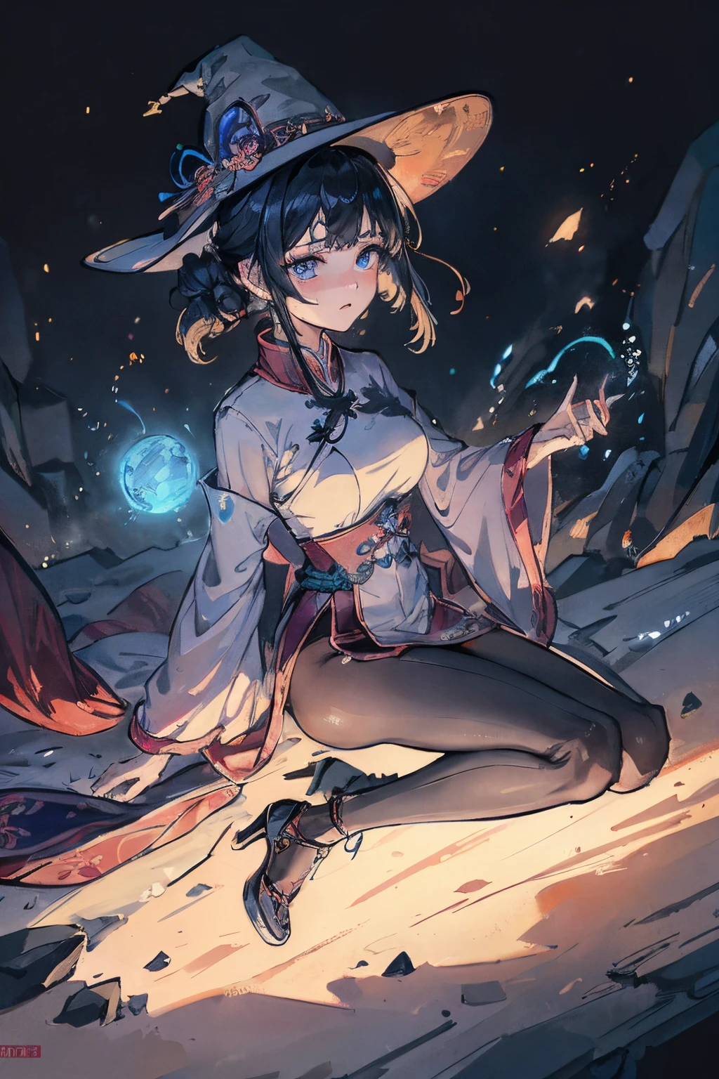 girl，Prison Guard，lesbian，intimacy，brightcolors，Extreme color，dreamy background，Magic background，Witch hat，uniform，see-through transparent clothes，Conservative style，anger expression，Resistance action，A tense scene，action with tension，Impactful graphics，Gather your strength and prepare to unleash powerful magic，Extremely powerful psy ability，Magical power emits ultra-splendid light and radiates light in all directions，Super Light Sphere provides solar-like radiation to match the brightness and shadows of the picture，illustratio, 电影灯光, A high resolution, Best quality at best, 超詳細, 详细的脸, (詳細な目), Best quality at best, 超詳細, tmasterpiece, (详细的脸), pretty  face，Ultra-fine embroidery, Collar, eBlue eyes, Neon sparkly hair fringe, d杯, AI Fantasy Super Deluxe Room: 5, Glittering interior with neon details，，Extremely conservative，Very conservative，wrap thoroughly，Delicate high heels，Translucent full body pantyhose，body curve
