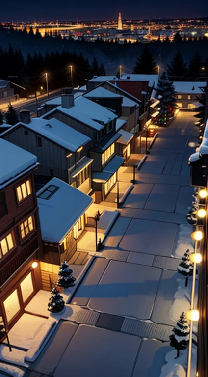 ((Bird's Eye View)) Christmas, Winter season, scenery, snow and pine trees on the streets. neiborhood. Christmas lights at night.