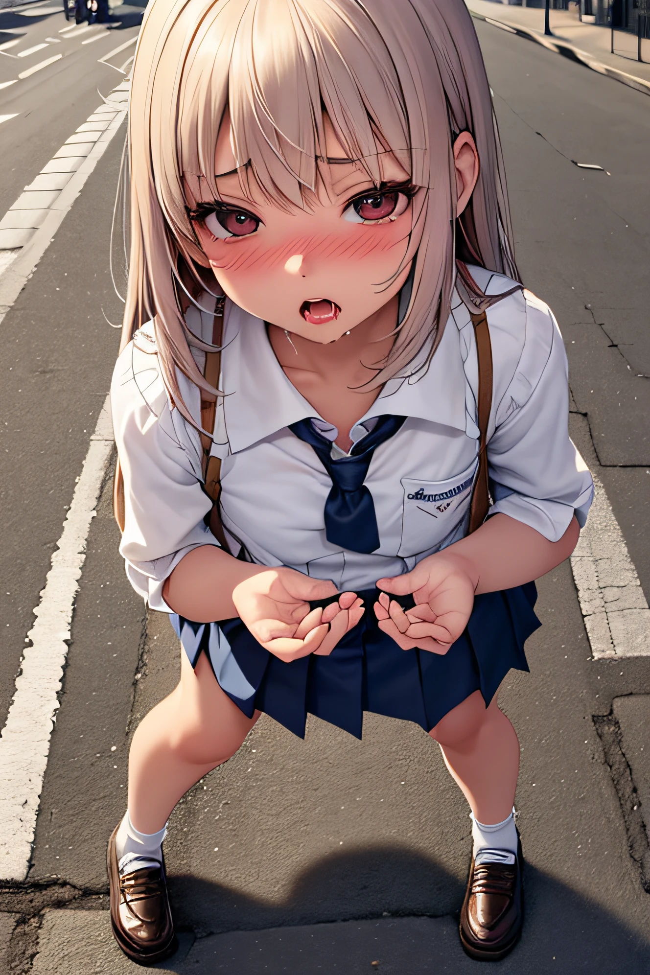 superfine illustration, Perfect Anatomy, Best Quality, Hires, amazing shading, Beautiful skin, 1 , nose blush, Saliva, Ecstasy, Close eyes, ,School Uniforms , Full body, SEX, Opening Mouth, touches crotch, (Rubbing the crotch with your hands:1.2), (In the street:1.8), suggestive pose,spread legswide:1.8、Small