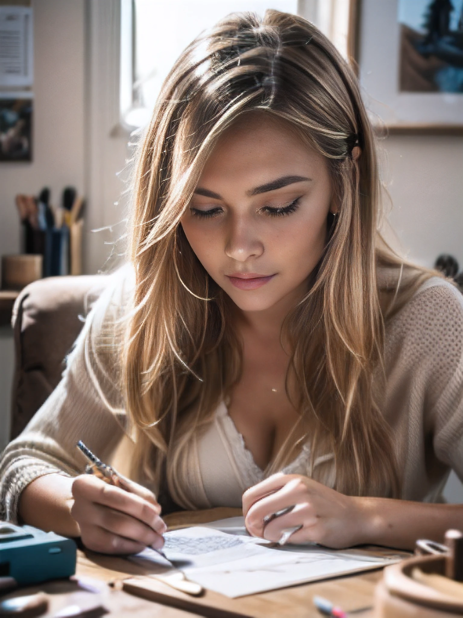 (best quality,4K,hight resolution,Meisterwerk:1.2),Ultra-detailliert,realistisch,fotorealistisch:1.37,Beautiful blonde girl sits at a well-lit desk, umgeben von verschiedenen DIY-Projekten und Bastelmaterialien,creative participatory activities,cozy and organized workplace,Spitzentechnologie im Hintergrund,lebendige Farben und Texturen,artistic representations at a professional level,Inspiration for arts and crafts,Akribische Liebe zum Detail,Artistic expression,Tadellose Handwerkskunst,ethereal lighting,inspiring atmosphere,hausgemachte Meisterwerke,artistic vision and talent,ausdrucksstarke Pinselstriche und Texturen,aesthetically pleasing compositions,innovative Materialien und Techniken,Blondes Haar, that flows with movement,funkelnde blaue Augen, who shine with creativity,adorable freckles on her cheeks,konzentrierter und entschlossener Ausdruck,relaxed and peaceful atmosphere,durchdachte und fantasievolle Projekte,happy and productive attitude,perfect balance between precision and willingness to experiment,einzigartige und personalisierte Kreationen,positive und inspirierende Energie,Craft tools and accessories neatly organized,einladende Aura, which stimulates creativity,unvergessliche und fesselnde Kunstwerke,malerische Szene, that tells a story