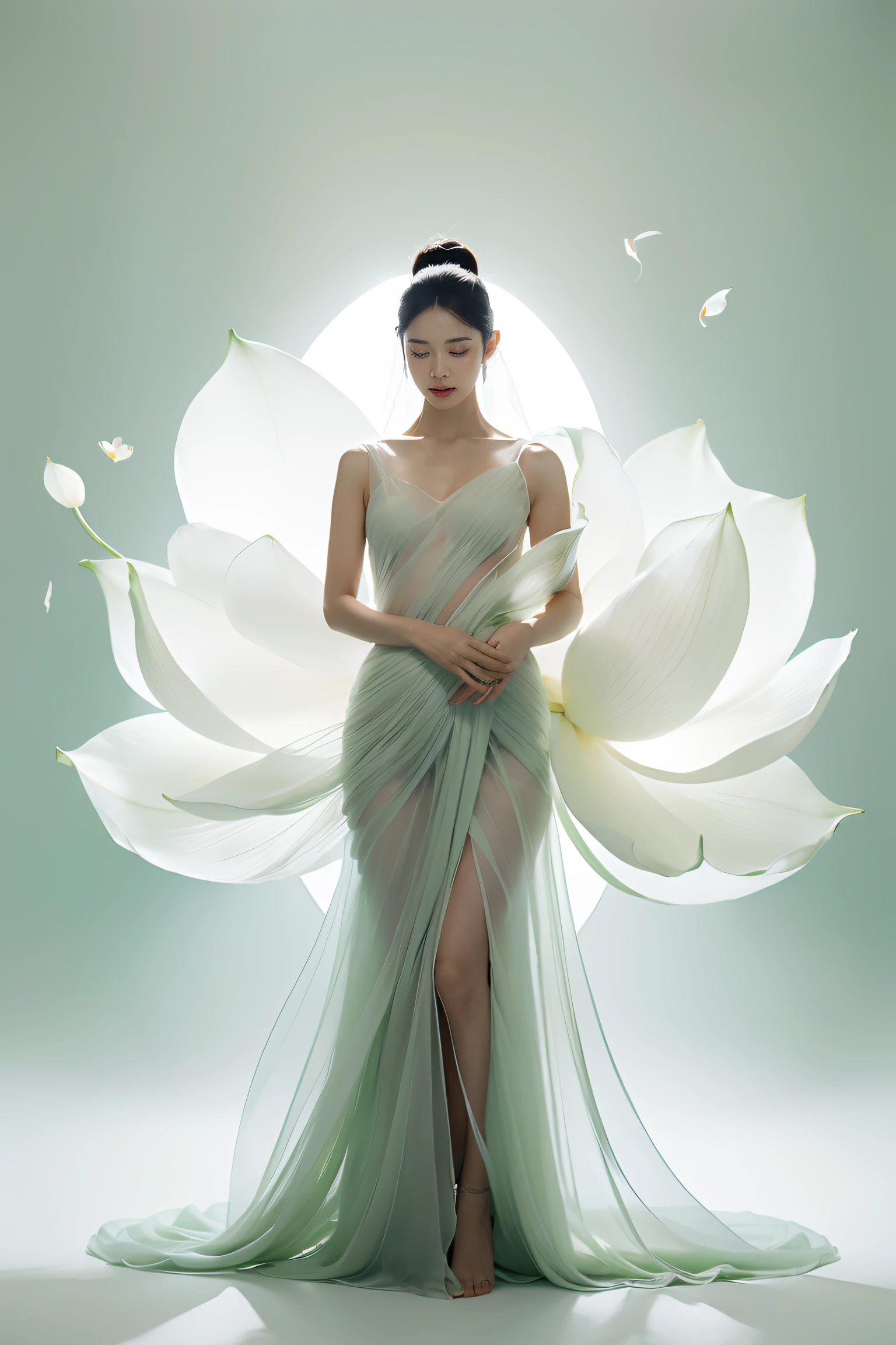 Light green and light white tone,full body, simple white background, nature lighting, lighting effect, minimalist, elegant, pure gentle, soft light, photorealistic. a women (collarbone, shoulders) posing (praying and standing) with The hyper-giant lotus with huge and long petals (petal made of a thin and soft tulle fabric, flowy petals fully background, floating petals, hyper-flying petals, smoke effect mix with petal), lotus dress,nipples.((seethrough)).