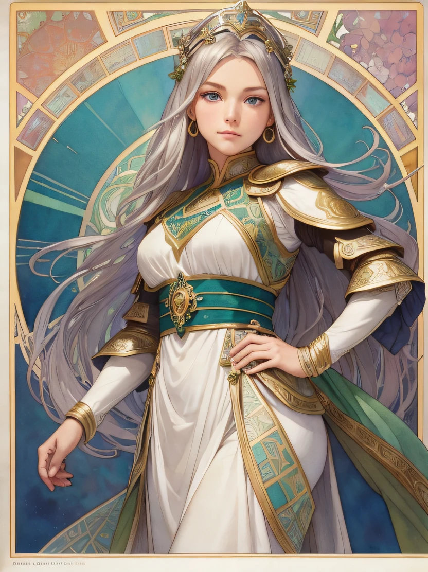 ((hight resolution、top-quality、super detailing、best picture、watercolor paiting、thick outlines、mats、by mucha))、flowing lines、elvish、1 girl, 28 year old、skiny、cin、stright long hair、Beautiful silver hair、blue eyess、half up、Hair swaying in the wind、luxury circlet、de pele branca、Hanshin seen from the front、is standing、green stunning queen dress、s Armor、鎖骨、Geometric pattern、(florals)、Hand down、Soft Air、Serious face、Detailed hand depiction