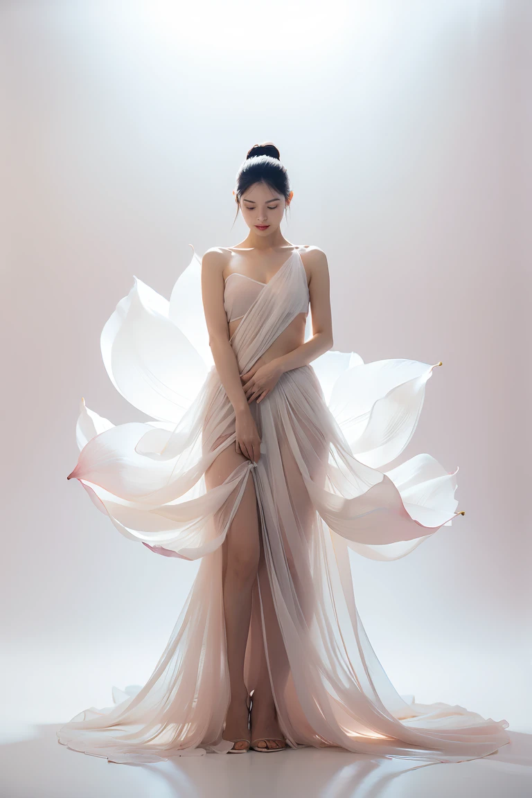 Light pink and light white tone,full body, simple white background, nature lighting, lighting effect, minimalist, elegant, pure gentle, soft light, photorealistic. a women (collarbone, shoulders,nipples) posing (praying and standing) with The hyper-giant lotus with huge and long petals (petal made of a thin and soft tulle fabric, flowy petals fully background, floating petals, hyper-flying petals, smoke effect mix with petal), lotus dress,((seethrough)).