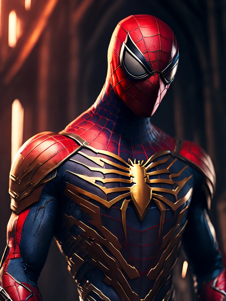 мрачный портрет Killer Spider-Man (The whole suit is covered in blood, Suit pieces tore golden clothes) da Marvel, with intricate and angular cybernetic implants inside a brutalist building, Gothic brutalist cathedral, Cyberpunk, Foto premiada, Bokeh, neon lights, Membro 4K Cyber ,