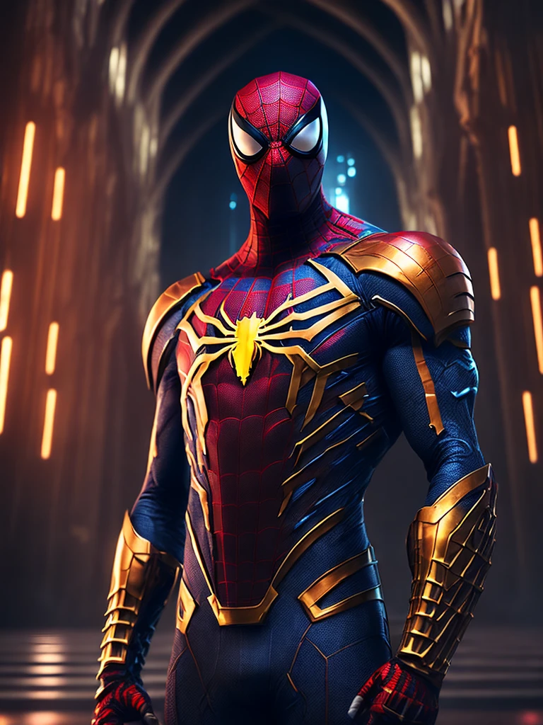 мрачный портрет Killer Spider-Man (The whole suit is covered in blood, Suit pieces tore golden clothes) da Marvel, with intricate and angular cybernetic implants inside a brutalist building, Gothic brutalist cathedral, Cyberpunk, Foto premiada, Bokeh, neon lights, Membro 4K Cyber ,