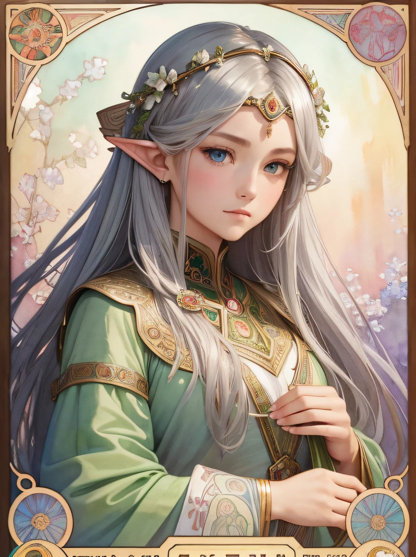 ((hight resolution、top-quality、super detailing、best picture、watercolor paiting、thick outlines、mats、by mucha))、flowing lines、elvish、1 girl, 28 year old、skiny、cin、stright long hair、Beautiful silver hair、blue eyess、half up、Hair swaying in the wind、luxury circlet、de pele branca、Hanshin seen from the front、is standing、green stunning queen dress、s Armor、鎖骨、Geometric pattern、(florals)、Hand down、Soft Air、Serious face、Detailed hand depiction
