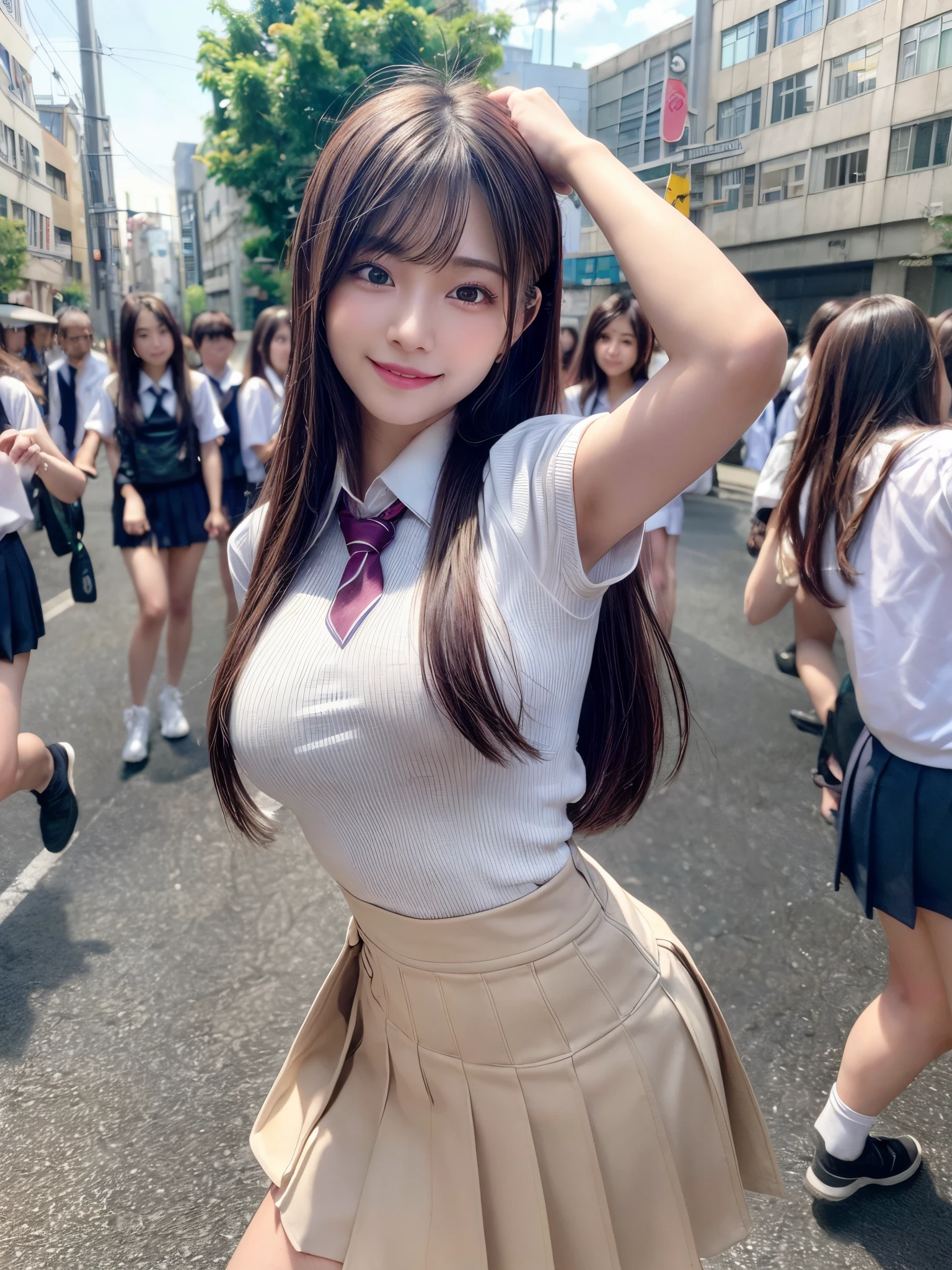 (8k, RAW photo, best quality, masterpiece:1.2), (realistic, photo-realistic:1.4), (extremely detailed 8k wallpaper), sharp focus, depth of field, blur background, bokeh, cinematic lighting, soft light, glossy lips, beautiful detailed eyes,shiny smooth light brown long bob hair, asymmetrical bangs, shiny skin, high resolution, high detailing, detailed hairstyle, detailed face, octane rendering, vibrant, hyper realistic, perfect limbs, perfect anatomy ,1 japanese girl,famous Japanese idol, perfect female body, large breasts,smile,long bob hair, (school uniform : 1.3), looking at viewer, (arms up, Crowded city streets:1.3),cowboy shot