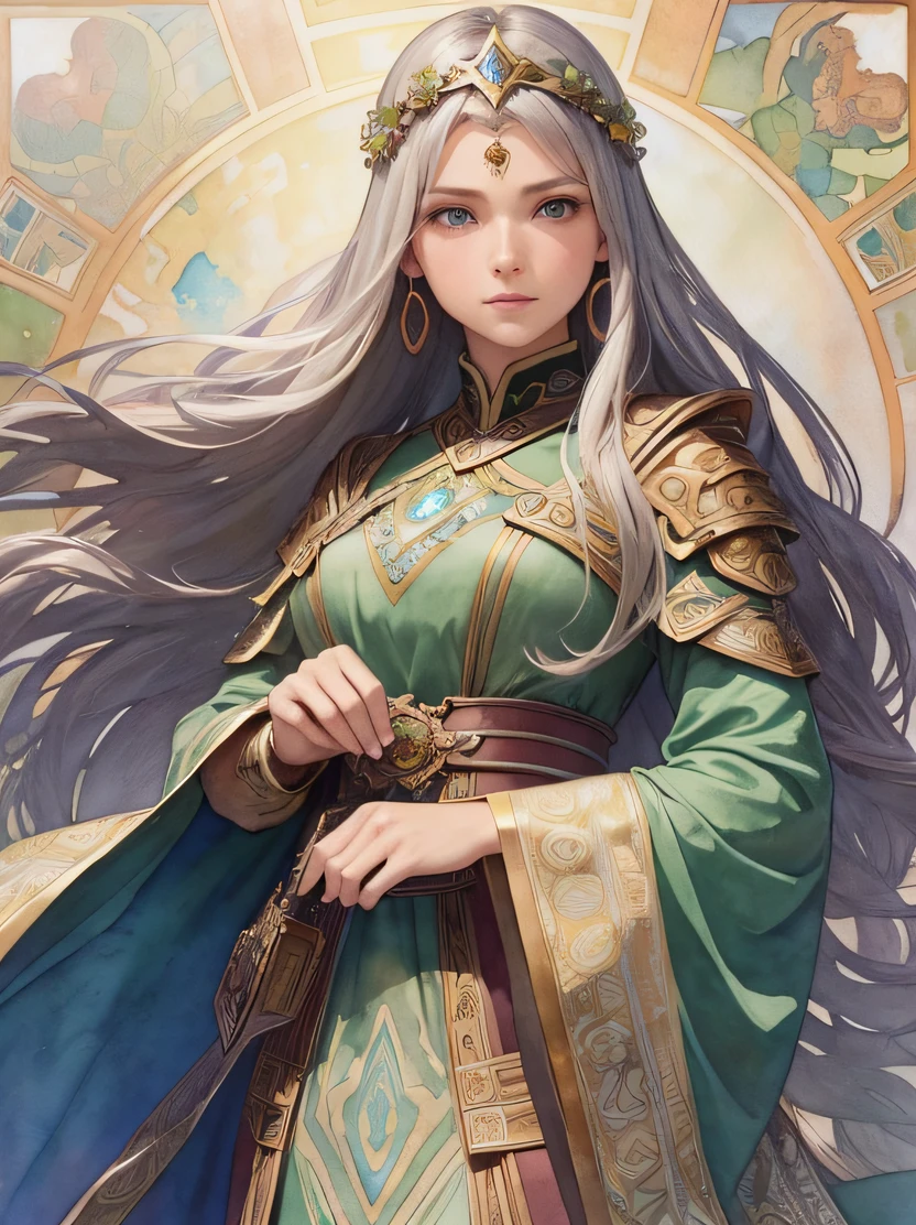 ((hight resolution、top-quality、super detailing、best picture、watercolor paiting、thick outlines、mats、by mucha))、flowing lines、elvish、1 girl, 28 year old、skiny、cin、stright long hair、Beautiful silver hair、blue eyess、half up、Hair swaying in the wind、luxury circlet、de pele branca、Hanshin seen from the front、is standing、green stunning queen dress、s Armor、鎖骨、Geometric pattern、(florals)、Hand down、Soft Air、Serious face、Detailed hand depiction