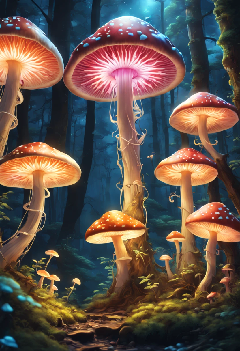 (best quality,highres,ultra-detailed,realistic:1.2),big colorful japanese mushroom, bioluminescent mushroom, cute glowing in the dark, night scene, vivid colors, soft glowing lights, whimsical fantasy, magical forest, surreal atmosphere