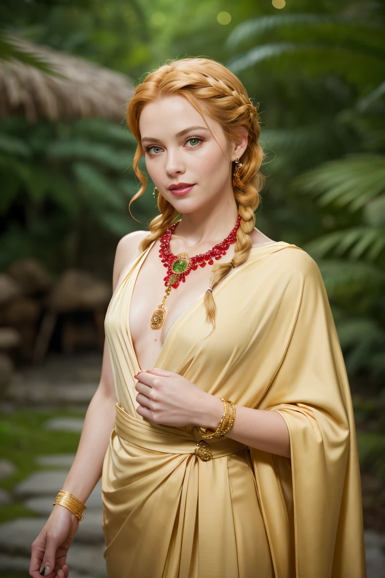 (Grace Kelly:Marilyn Monroe:0.5), A 35-year-old woman with ginger hair, high detail face, high detail skin, detailed green eyes, twin braids, a gold necklace with a ruby pendant, wearing a plunging white Greek robe, Roman sandals, gold bracelets on her arms, legs, forest in the background, masterpiece, extremely high detail, cinematic lighting, backlight, shallow depth of field, bokeh, sharp focus, RAW photo