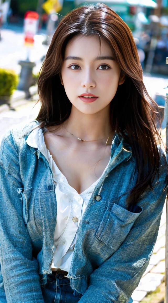 ((top-quality、8K、tmasterpiece：1.3、Authenticity 1.4))、Twenty years old、Long gray hair、Focus Clear：1.2、Beautiful woman with perfect style：1.4、Slim abs：1.2、((dark brown  hair、Colossal tits：1.2))、street:1.2、Highly Detailed Face and Skin Textur、詳細な目、二重まぶた、The same person、longer sleeves、Chest cover、big assa