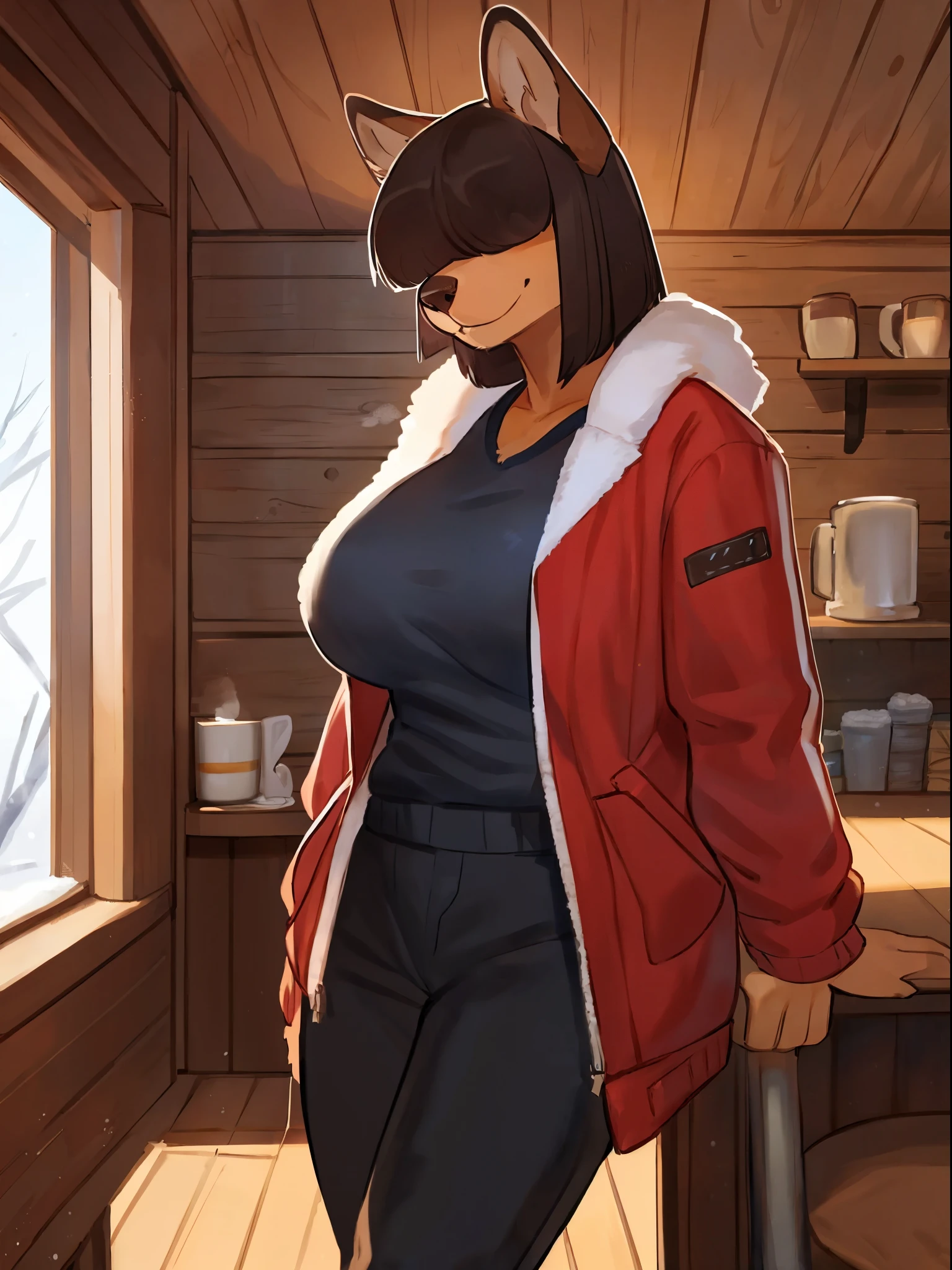 Female, broad shoulders, solo, female, very muscular, hybrid of a bear and wolf, hair, snout, standing, smug, smiling, spandex leggings, white open parka, cameltoe, long fluffy tail, large thighs, narrow waist, wide hips, inside a kitchen,