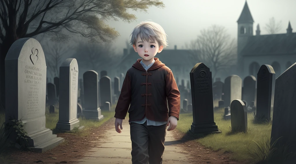 Ghost male child playing in a graveyard