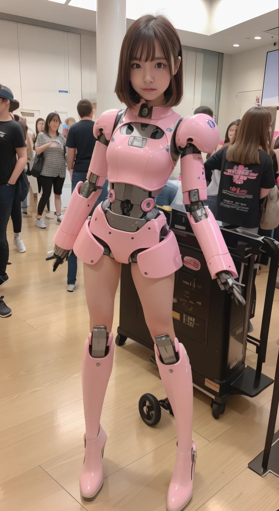 Robot Girl, pink there, Silver, Metallic body, Robot Parts, Metal Parts, Super Detailed Face, Super well-formed face, of the highest quality, a small face, small head, Brown hair, Slender body, Camera gaze, Internal Mechanical Exposure, Idol, front facing, Well-proportioned body, sale, Exhibited, Event Hall, Moe Pose, pink metallic princess dress machine armor, Standing with legs open, Model body type, sad, Embarrassing,(Perfect Robot Girl),(Perfect machine body)