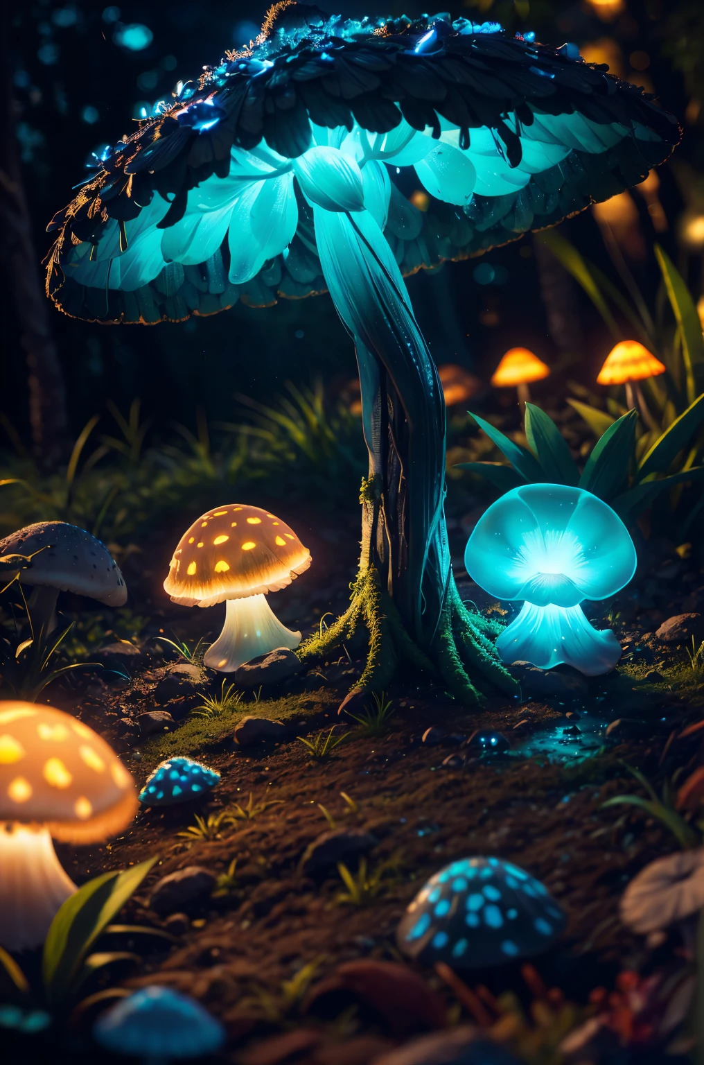 bioluminescent mushroom, bokeh, raytracing, realistic textured skin, particle effects, depth of field, beautiful figure painting, bright light, amazing composition, HDR, volumetric lighting, ultra quality, elegant, highly detailed, masterpiece, best quality, high resolution, modelshoot style, rear view