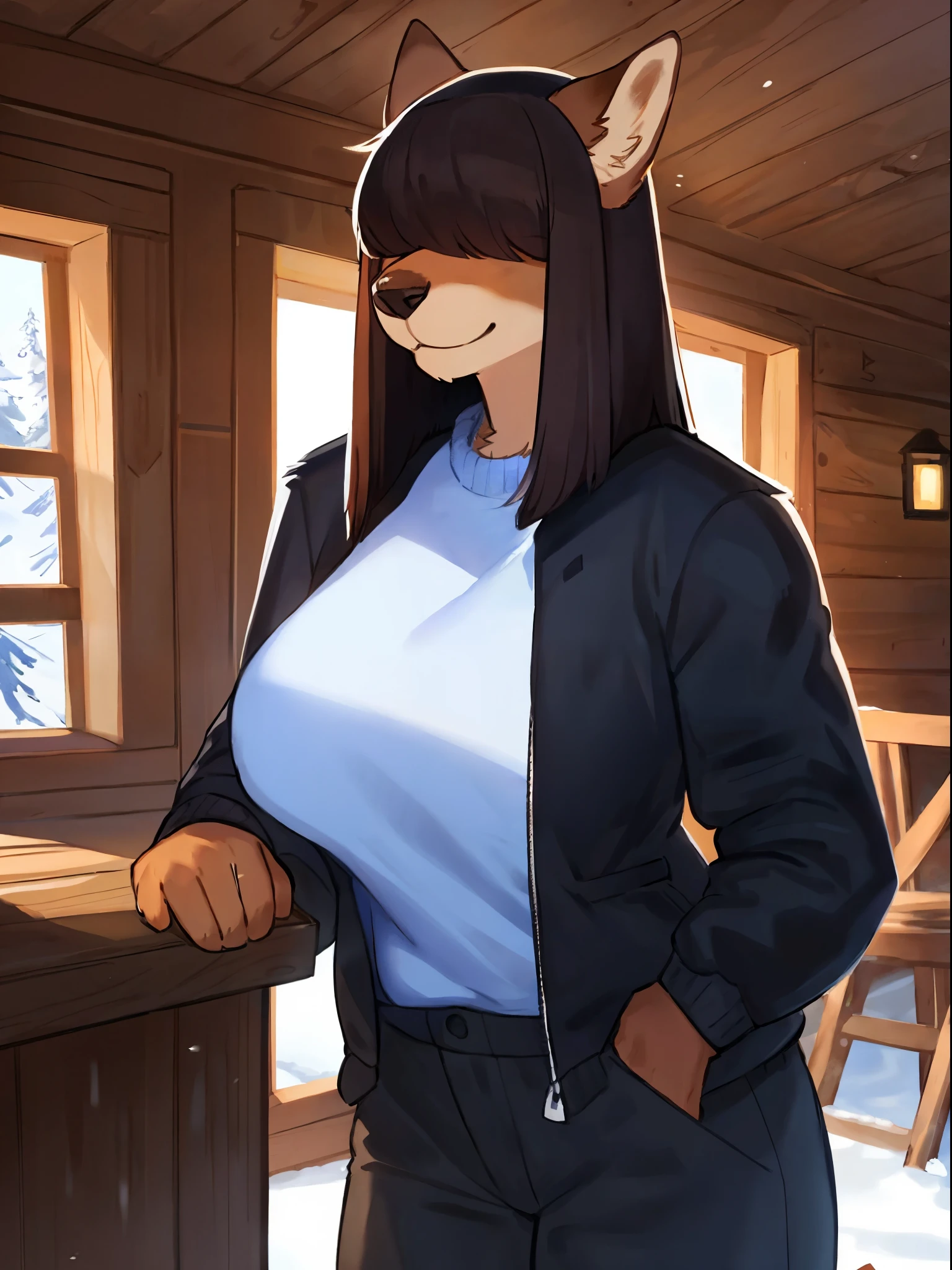 By bebebebebe, by lostgoose, by goonie-san, solo, female, canine, ((snout, hair covering eyes, straight hair, medium hair, flat hair, thin snout, brown fur)), dark maroon hair, big breasts, (muscular), red puffer jacket, black snow pants, smiling, winter, standing in a cabin, cafe, looking at viewer, snow outside open window