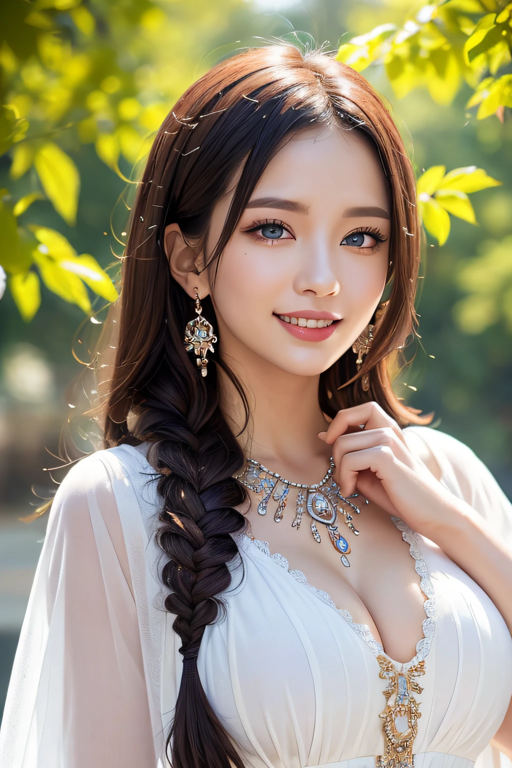 ((masutepiece)), ((Best Quality)), (Ultra-detailed), ((kawaii)), Cute, (lovely), ((Sexy)), (Ero), ((Extremely detailed)), (Detailed eye), (detailed facial features), (Detailed fingers), (detailed clothes features),4K, (8K), (Beautiful), Illustration, Dynamic Angle, (Upper body:1.2), Knossos palace, evening, Autumn, Pretty women, Solo, (Wizard Dress:1.3), Beautiful purple hair, fishtail braid, Beautiful blue eyes, ((Beautiful eyes)), White teeth, drooping chest, (Hair ornaments:1.2), earrings, Bib Necklace, Smile, Lens Flare, shiny