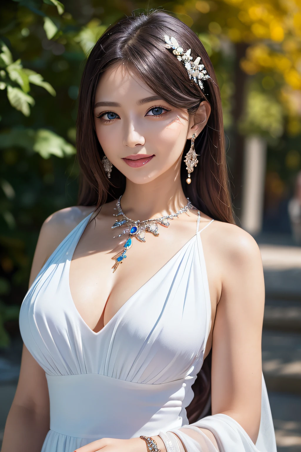 ((masutepiece)), ((Best Quality)), (Ultra-detailed), ((kawaii)), Cute, (lovely), ((Sexy)), (Ero), ((Extremely detailed)), (Detailed eye), (detailed facial features), (Detailed fingers), (detailed clothes features),4K, (8K), (Beautiful), Illustration, Dynamic Angle, (Upper body:1.2), Knossos palace, evening, Autumn, Pretty women, Solo, (Wizard Dress:1.3), Beautiful purple hair, fishtail braid, Beautiful blue eyes, ((Beautiful eyes)), White teeth, drooping chest, (Hair ornaments:1.2), earrings, Bib Necklace, Smile, Lens Flare, shiny