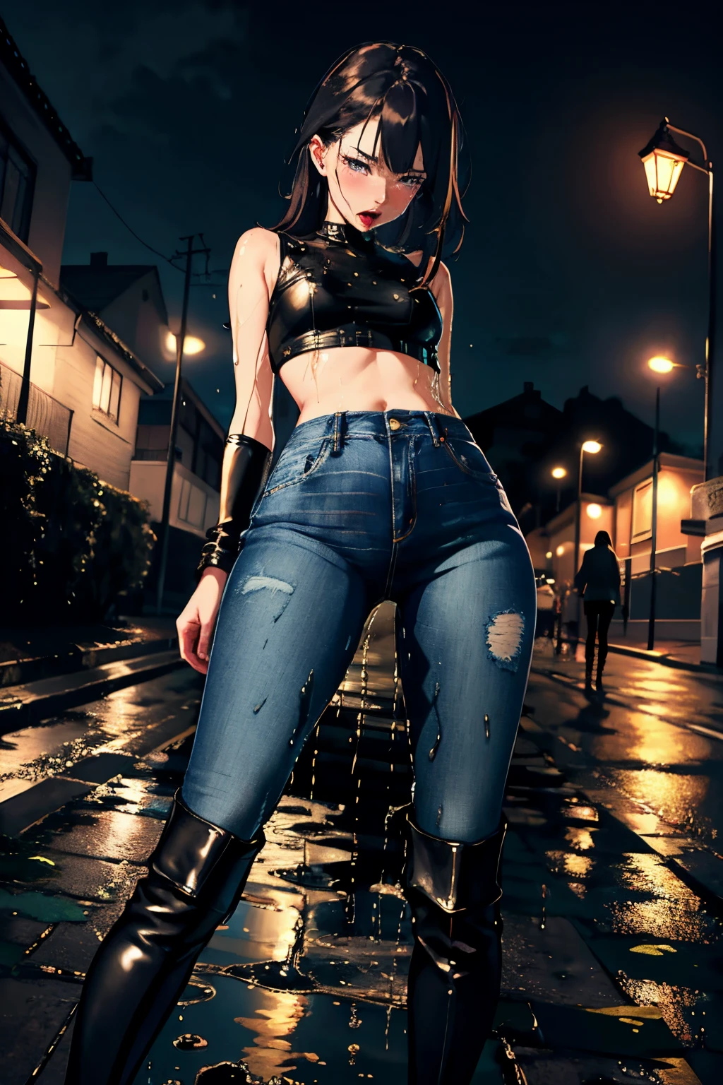 highres, beautiful women, high detail, good lighting, lewd, hentai, (no nudity), (((jeans))), ((tight leather top)), (((leather thigh high boots))), bare midriff, (wet crotch), (((wetting herself))), (peeing herself), peeing stain, (puddle), (thick thighs), nice long legs, lipstick, detailed face, pretty face, embarrassed blushing face, humiliated, ((legs spread)), ((under streetlight at night))