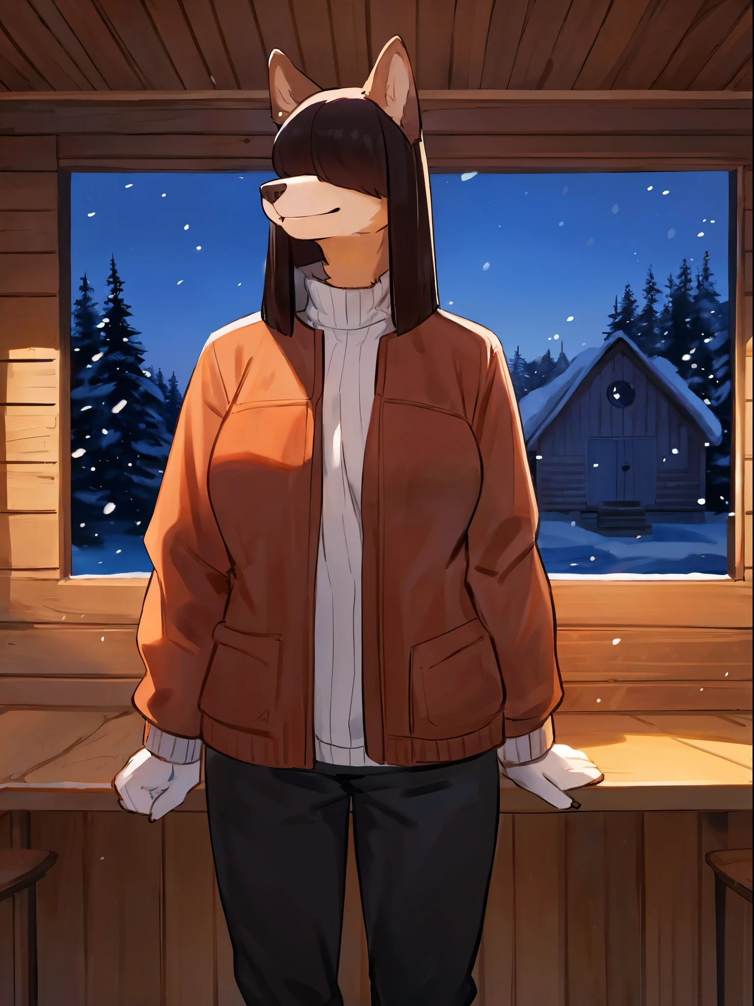 By bebebebebe, by lostgoose, by goonie-san, solo, female, canine, ((snout, hair covering eyes, straight hair, medium hair, flat hair, thin snout, brown fur)), dark maroon hair, big breasts, (muscular), red puffer jacket, black snow pants, smiling, winter, standing in a cabin, cafe, looking at viewer, snow outside open window