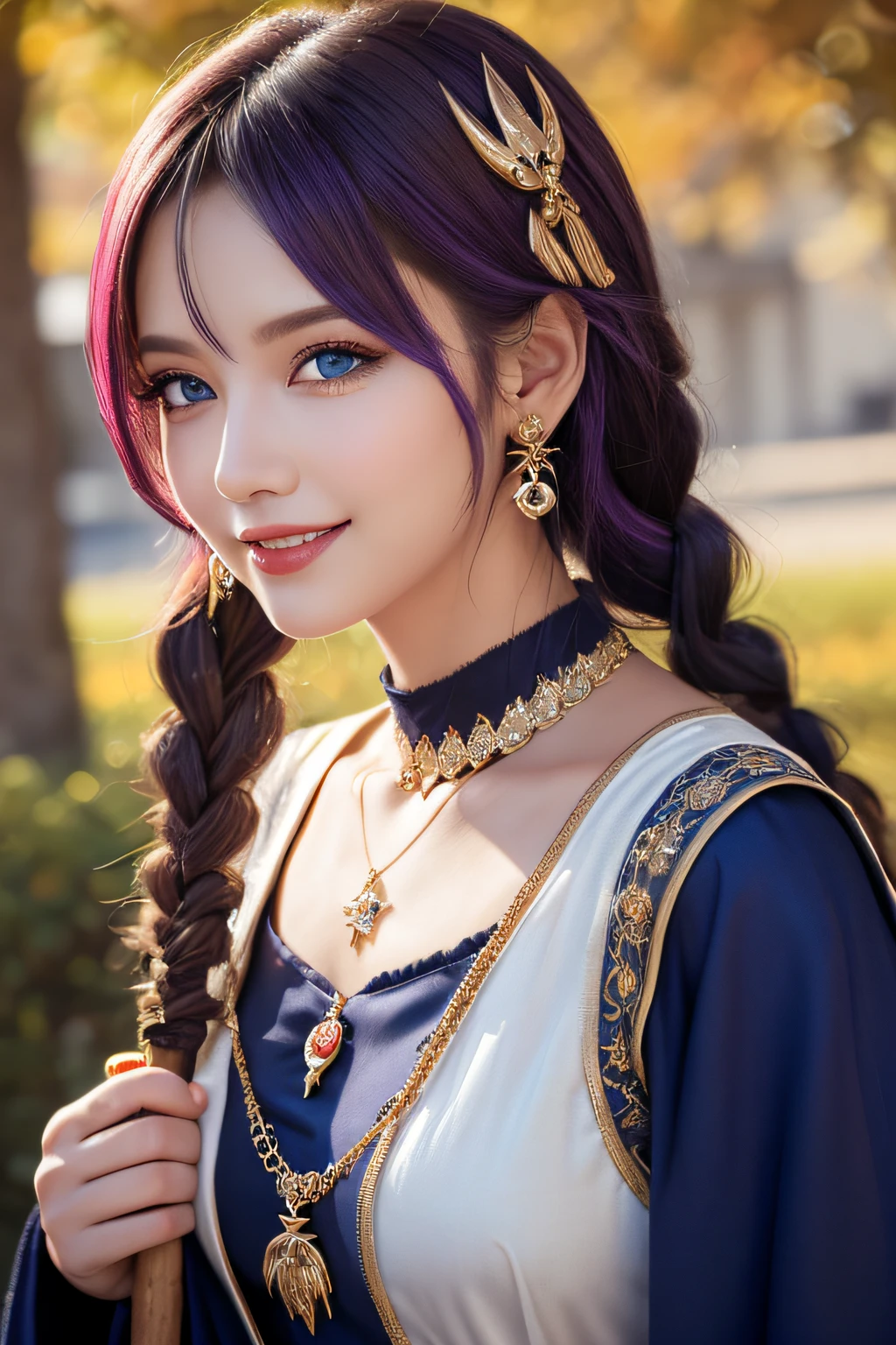 ((masutepiece)), ((Best Quality)), (Ultra-detailed), ((kawaii)), Cute, (lovely), ((Sexy)), (Ero), ((Extremely detailed)), (Detailed eye), (detailed facial features), (Detailed fingers), (detailed clothes features),4K, (8K), (Beautiful), Illustration, Dynamic Angle, (Upper body:1.2), (Holding a wizard's wand:1.3), Knossos palace, evening, Autumn, Pretty women, Solo, (she wears a skimpy wizard dress:1.3), Beautiful purple hair, fishtail braid, Beautiful blue eyes, ((Beautiful eyes)), White teeth, drooping chest, (Hair ornaments:1.2), earrings, Bib Necklace, Smile, Lens Flare, shiny