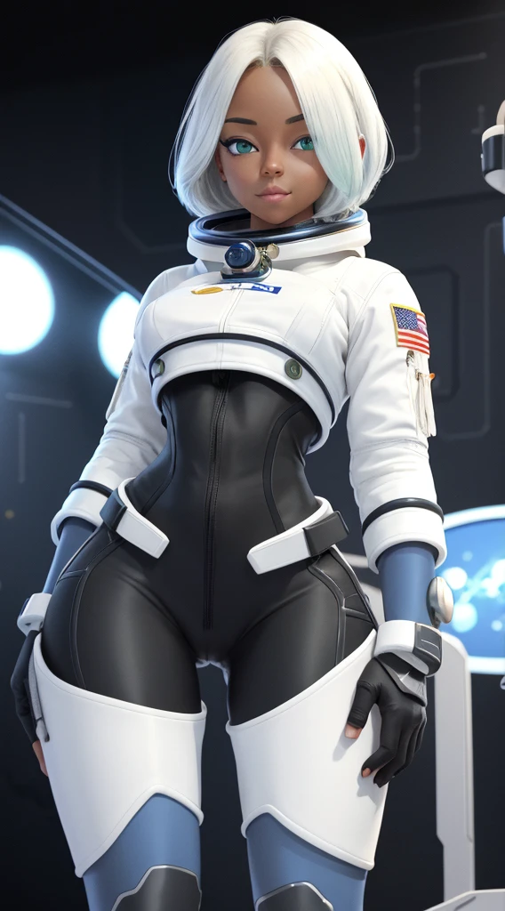 A black Astronaut with perfect breasts, shapely legs, perfect butt, white hair with blue highlights, green eyes, on a stage receiving an award