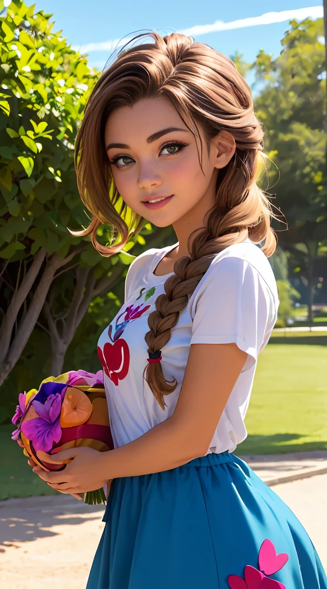(La mejor calidad, 4k, 8k, high resolusion, Obra maestra:1.2), Ultra detallado, (realista, fotorrealista, fotorrealista:1.37), (hermosos ojos detallados, hermosos labios detallados, Ojos y cara extremadamente detallados:1.5), Studio lighting, physically based representation, vivid colors, (senos medianos), playera amarilla , falda azul plisada , cabello soplando en el viento, cabello brillante, piel brillante), (atardecer hermoso parque ,fondo borroso:1.37), (inclina la cabeza hacia un lado:1.5), hermosa chica adolescente, girlish , 14 year old , maquillaje , very light brown long hair, peinado de trenza francesa , trensa grande , gran trensa francesa , usa playera Amarilla, falda azul plisada , gran sonrisa , sode , fiesta