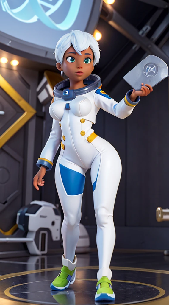 A black Astronaut with perfect breasts, shapely legs, perfect butt, white hair with blue highlights, green eyes, on a stage receiving an award