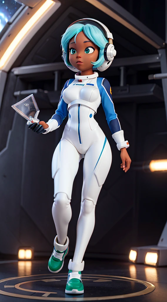 A black Astronaut with perfect breasts, shapely legs, perfect butt, white hair with blue highlights, green eyes, on a stage receiving an award