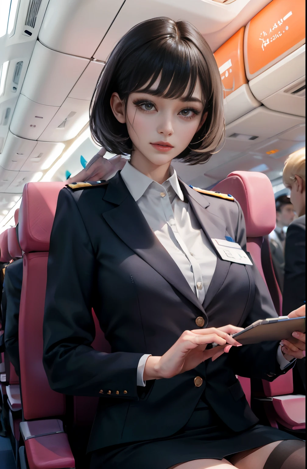 (masterpiece:1.2, best quality), 1lady, solo, Flight attendant, tight Uniform, perfect hands, Airplane, Serving passengers, Providing safety instructions, Responding to emergencies, bangs, (shiny skin:1.15),